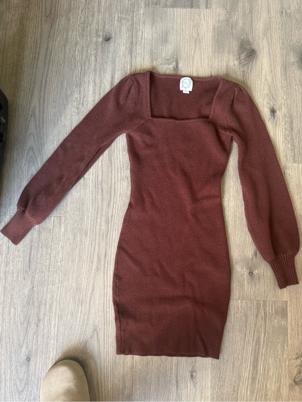 Blue Rain Square Neck Long Sleeve Bodycon Dress - Brown